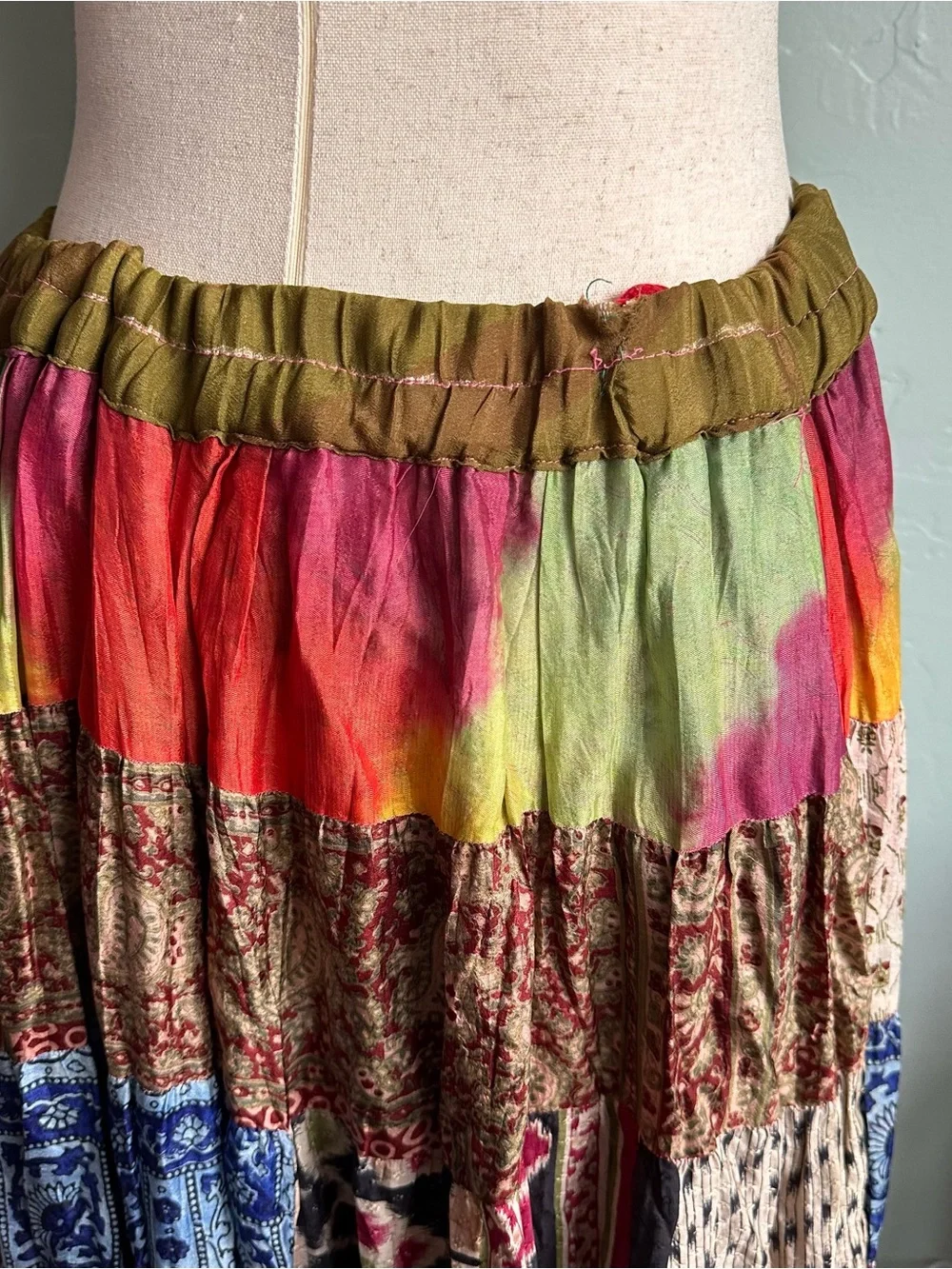 Vintage Silk Tangibles Patchwork Multi-Color Tiered Maxi Skirt M Boho Ren Fair
